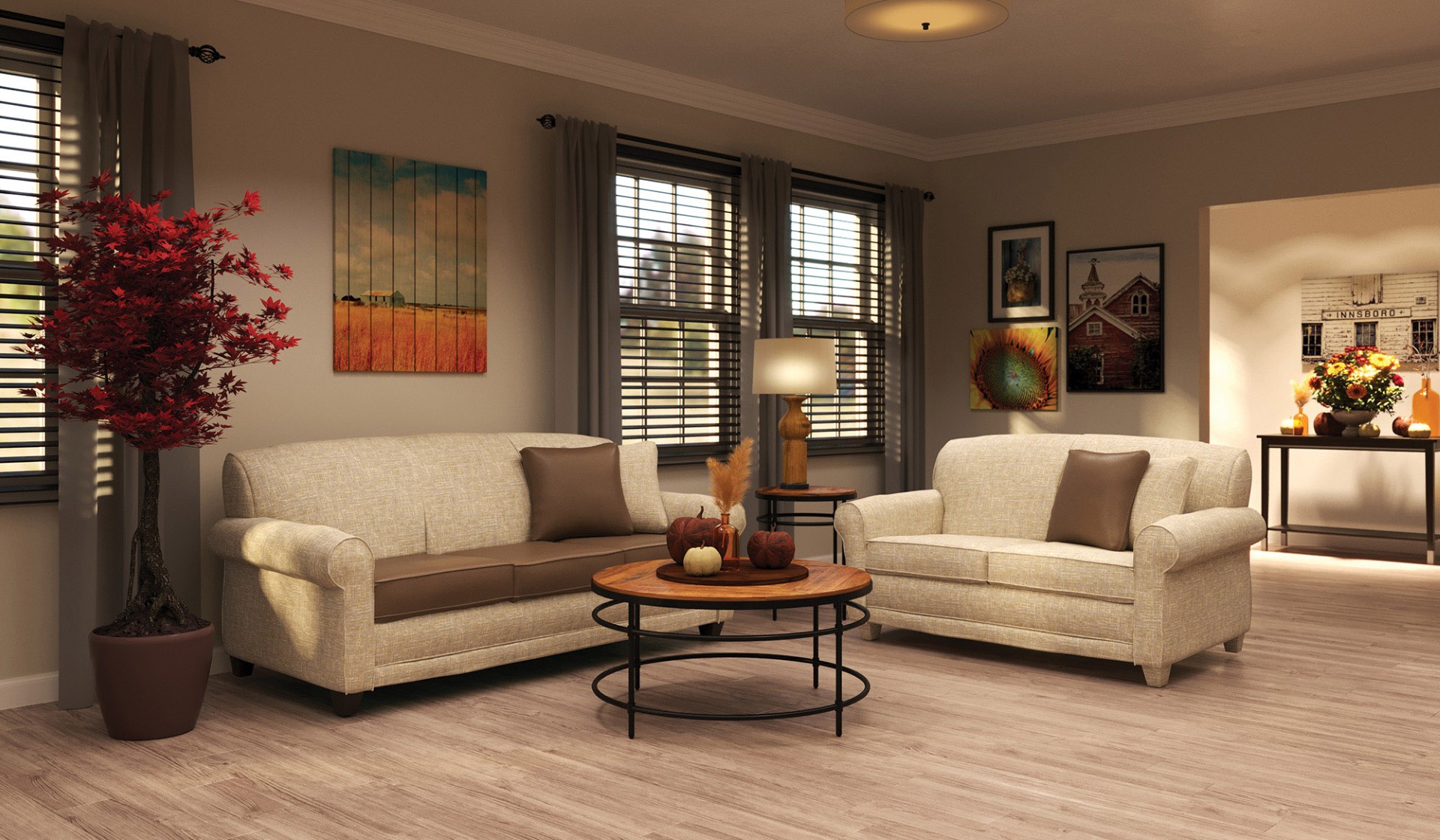 Senior living lobby outfitted with cream couches and other Quick-Ship furniture