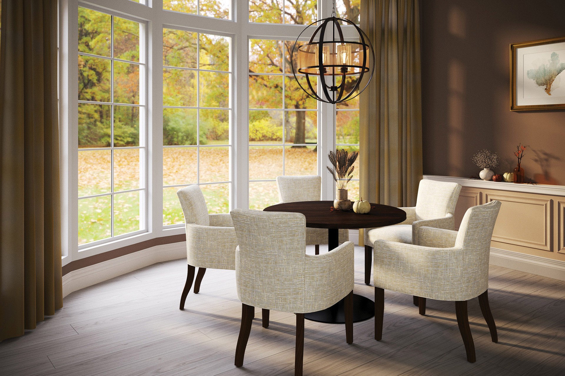 Senior living dining room with cream dining chairs and table. Including other Quick-Ship furniture.
