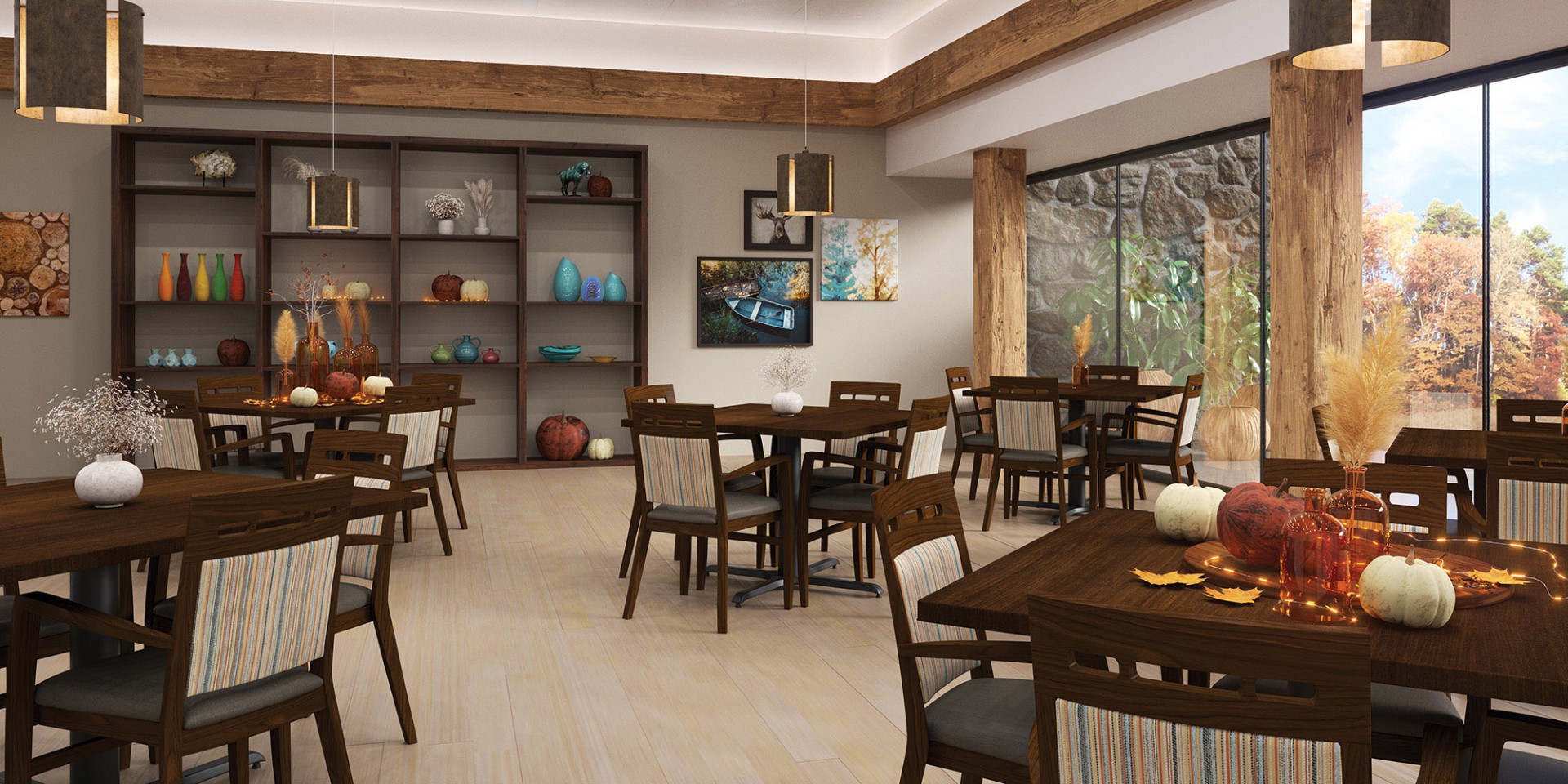 Quick-Ship furniture in a dining room with decor and artwork on the back wall. 